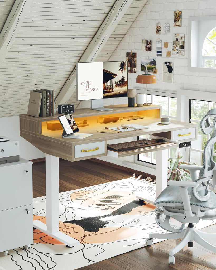 Standing Desk with Two Drawers, Stand Up Standing Desk Adjustable Height, Electric Sit Stand Table with Storage Shelf