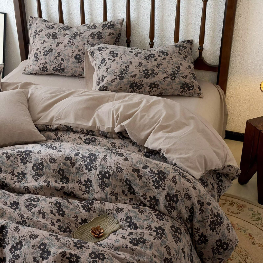 Vintage Muslin Duvet Cover Set Queen, 100% Cotton Linen Like Comforter Cover Boho Floral Quilt Cover with 2