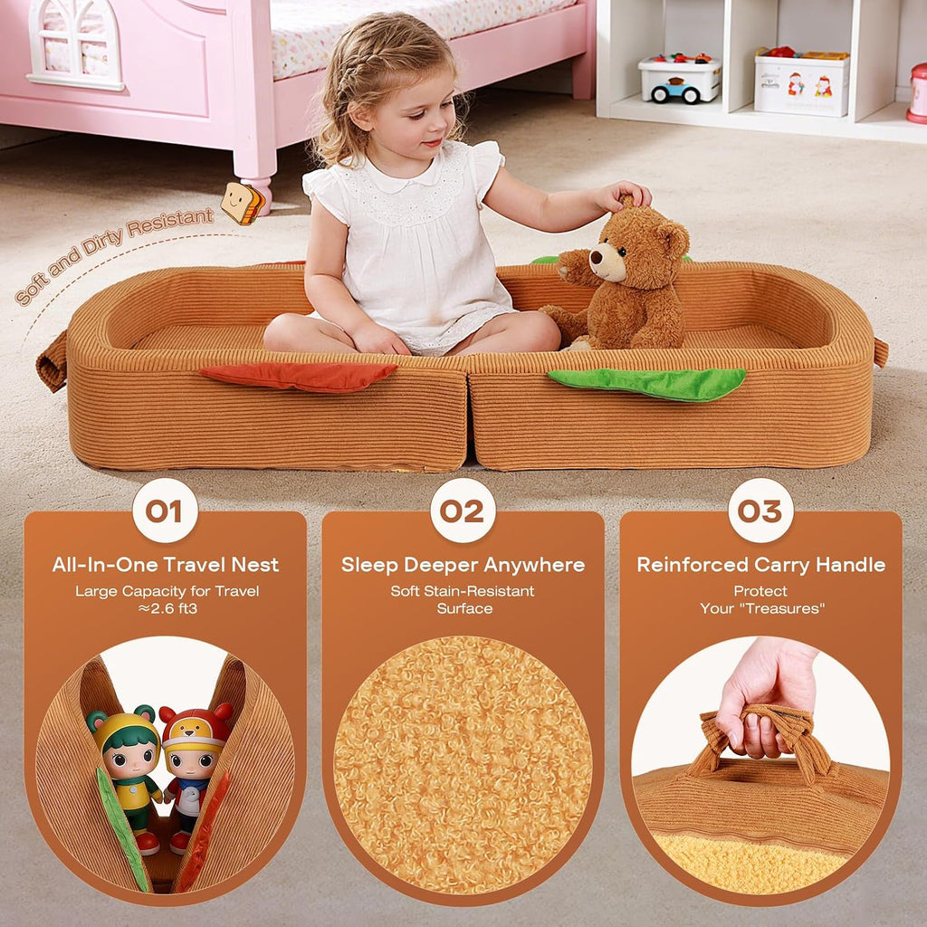 Toddler Travel Bed Sandwich Style - Portable Toddlers Floor Beds, Foldable Soft Foam Travel Crib for Baby and Kid