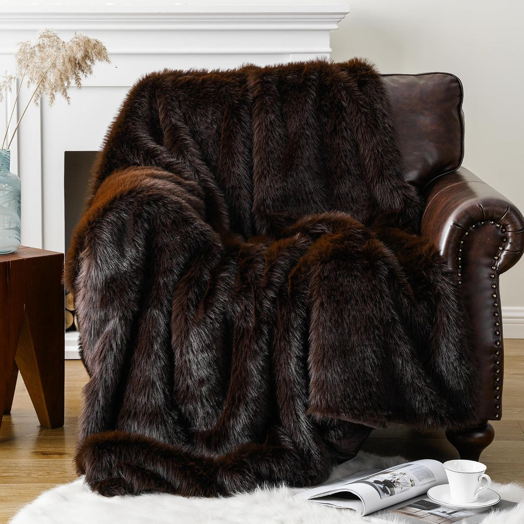 Luxury Fluffy Brown Faux Fur Throw Blanket, Cozy Warm Fur Blanket for Couch, Sofa, Chair, Bed, Plush Fuzzy Fur Throws