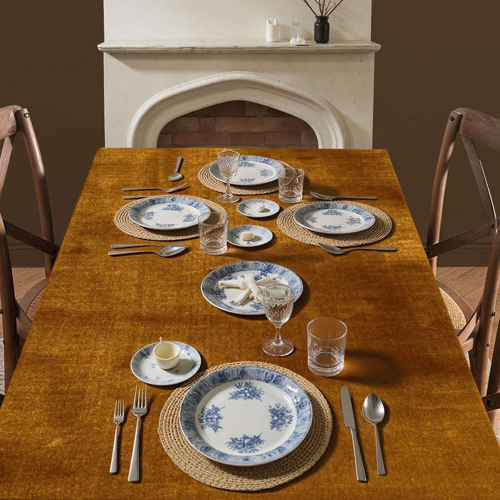 Velvet Tablecloth with Decorative Ruffle 60x102 Inch Gold