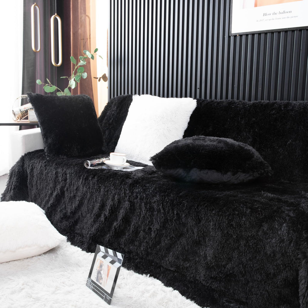 Black Queen Faux Fur Blanket, 2 Layers, 90"x90" Without Pillows Big Soft Plush Fuzzy Large Warm Fluffy Throw Blanket