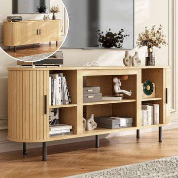 65" Oval Fluted Fireplace TV Stand Modern Tambour Media Console(Oak)