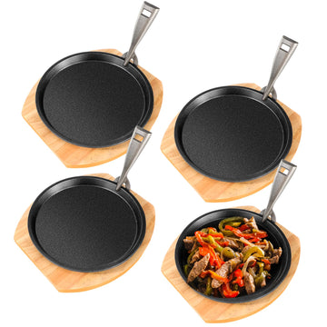 4 Set 10.3 Inch Cast Iron Fajita Plate Set with Wooden Base Anti Scald Protection Removable Handle Fajita Plate