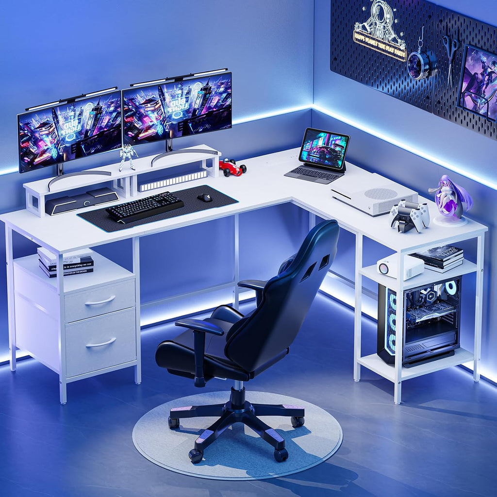 62" L Shaped Desk with Drawers and Power Outlet, White | Reversible Computer Desk with 2 Monitor Stands and Storage