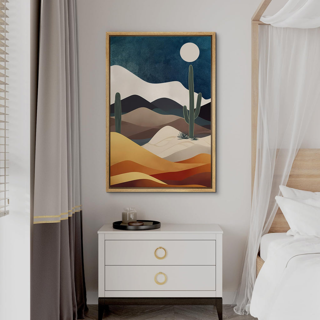 Framed Canvas Print Wall Art Midnight Moon Cactus Desert Dune Nature Wilderness Illustrations Decorative Bohemian