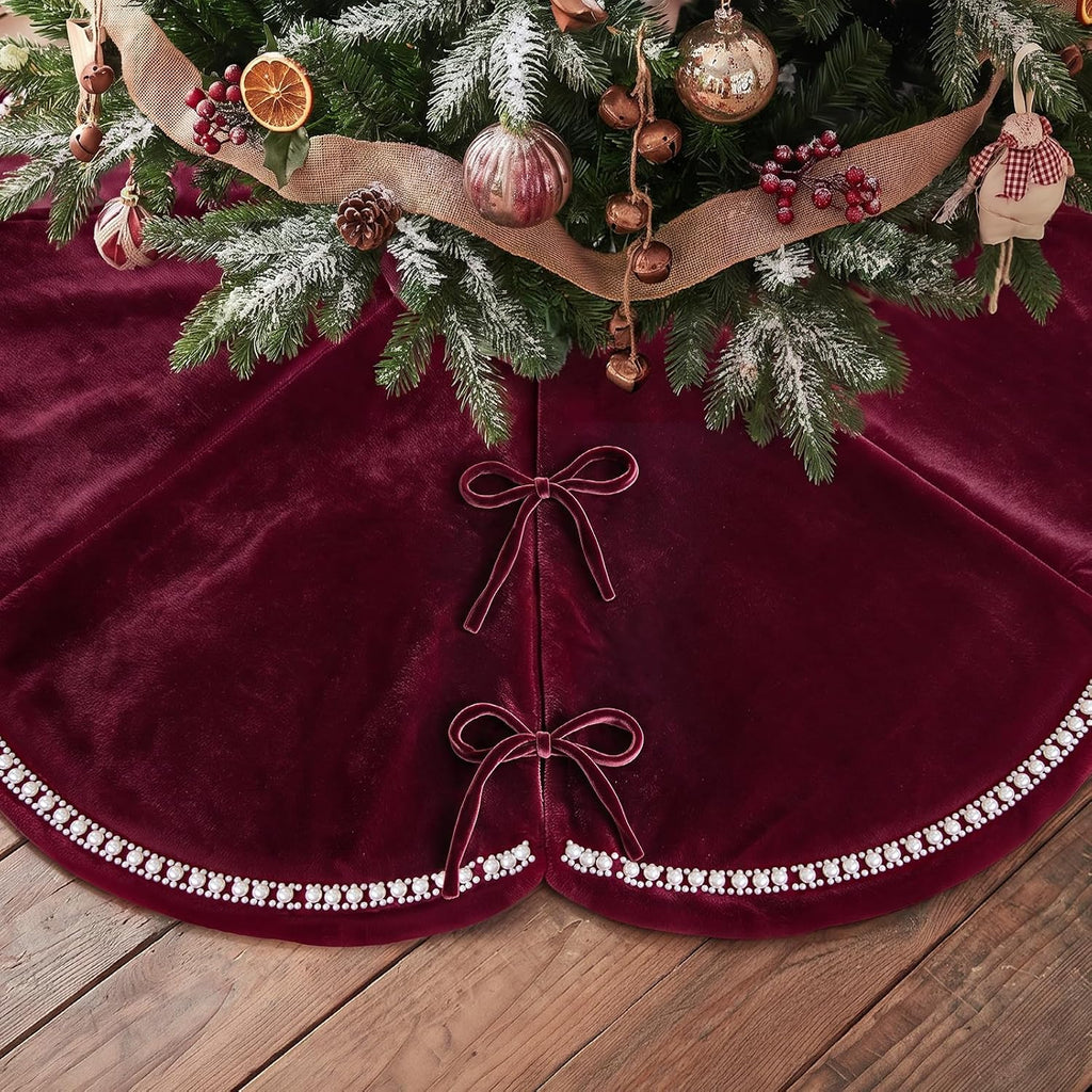 60 Inch Red Velvet Christmas Tree Skirt with Scalloped Edge & Pearl Trim