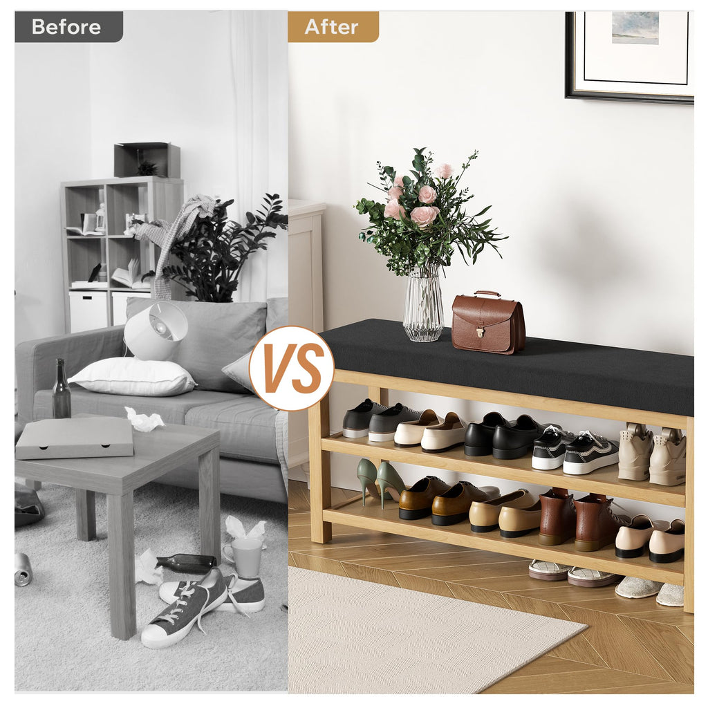2 Tier Shoe Rack Bench with Cushion, Rubberwood Shoe Benches, Mid-Century Modern Shoe Storage Bench, Closet, Front