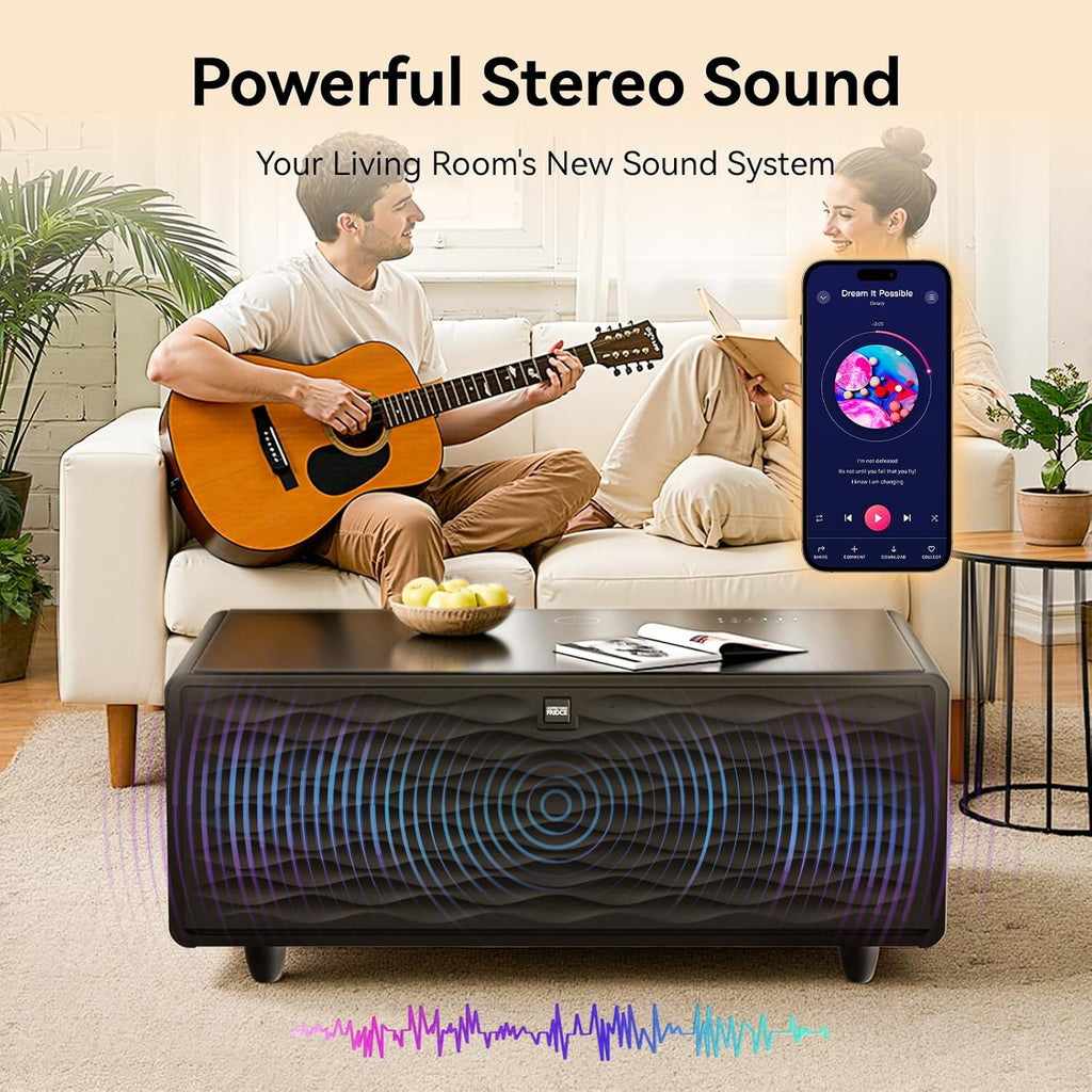 Smart Coffee Table with Refrigerator and Freezer Drawers - Wireless Charging, Bluetooth Speakers, LED - Black