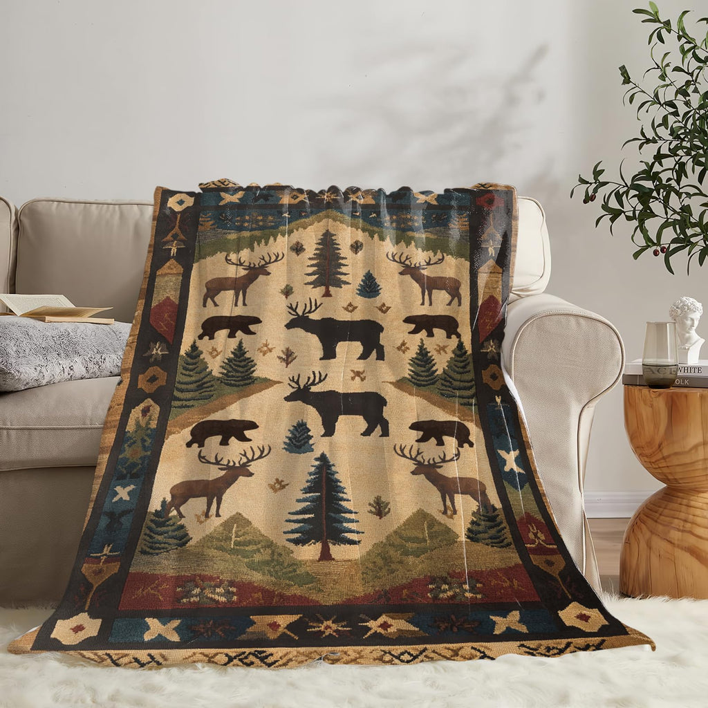 Cabin Blanket Rustic Lodge Deer Moose Throw Cozy Decor Gifts 50"X40"