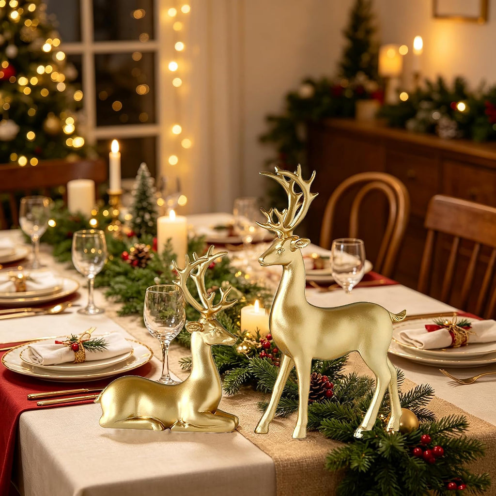 Large Reindeer Sculpture, Gold Resin Christmas Elk Set of 2