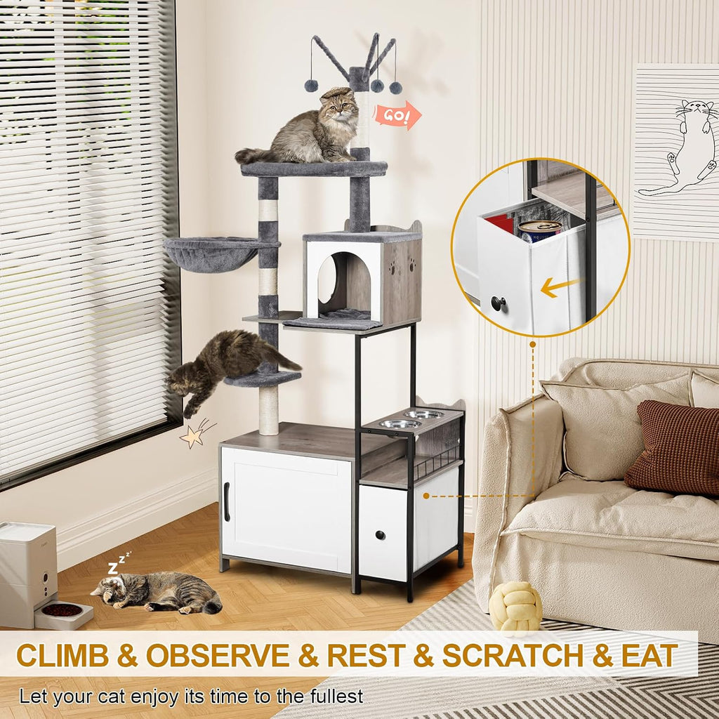 Cat Tree with Litter Box Enclosure, 3-in-1 Modern Cat Tower for Indoor Cats, 67.32'' Hidden Cat Litter Box Furniture