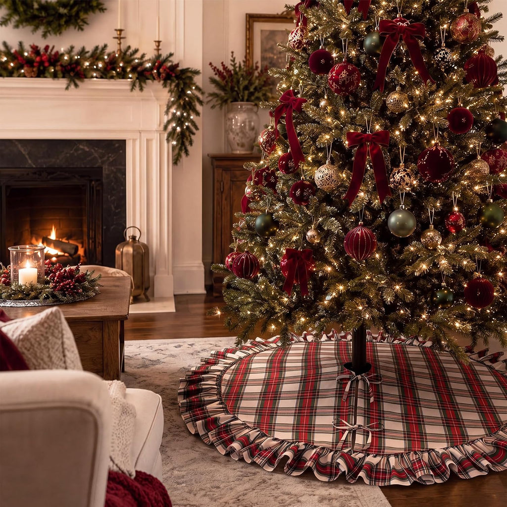 Red, Green, White Plaid Ruffled Christmas Tree Skirt, 60 Inch