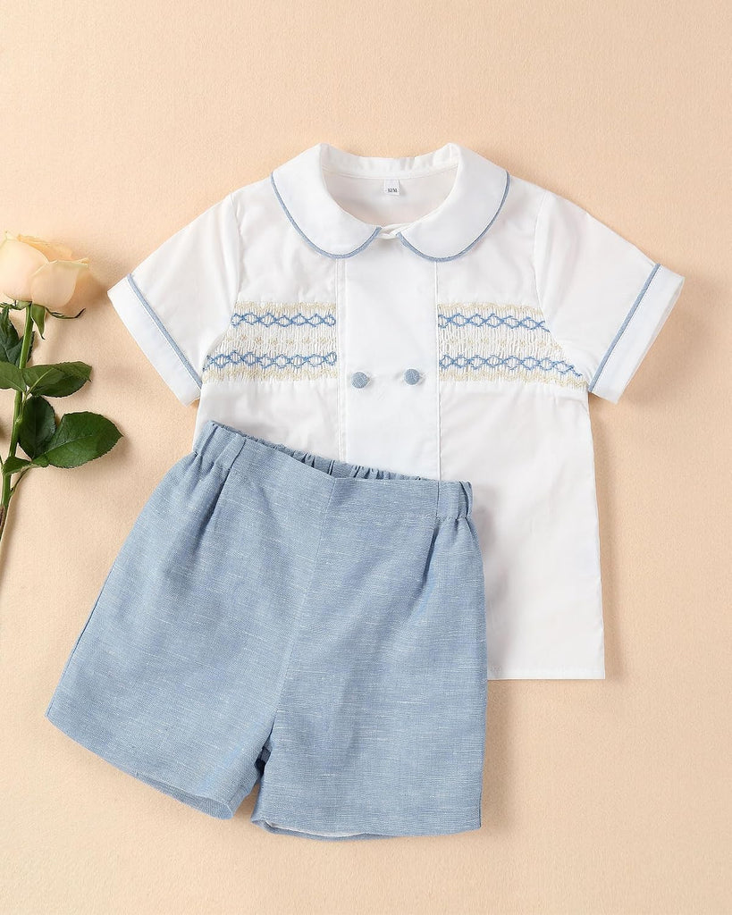 Smocked toddler boy outfits Summer Cotton Short Sleeve boys' button-down shirts Casual 2 piece Clothing Set