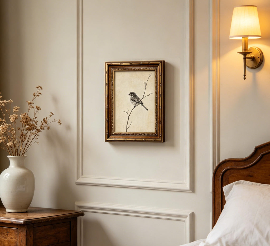 Vintage Gold Framed Bird Wall Art, Rustic Farmhouse animal poster