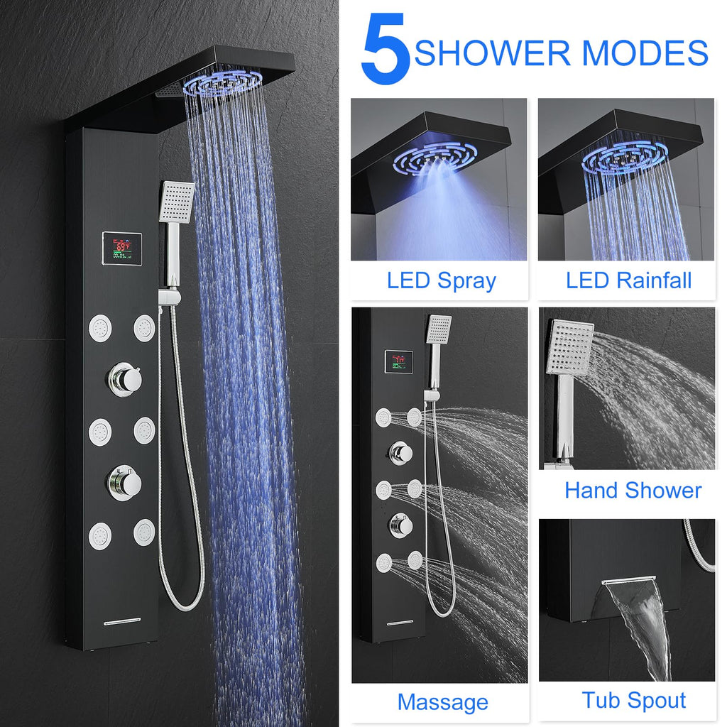 Stainless Steel Shower Panel Tower System with LED lights Black