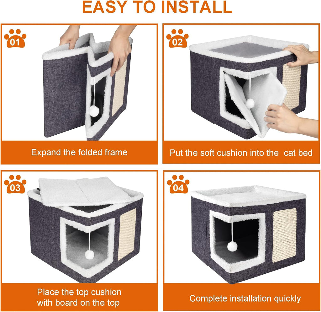 Cat Houses for Indoor Cats - Large Cat Bed Cave with Scratch Pad and Fluffy Ball, Foldable Cat Condo Hideaway