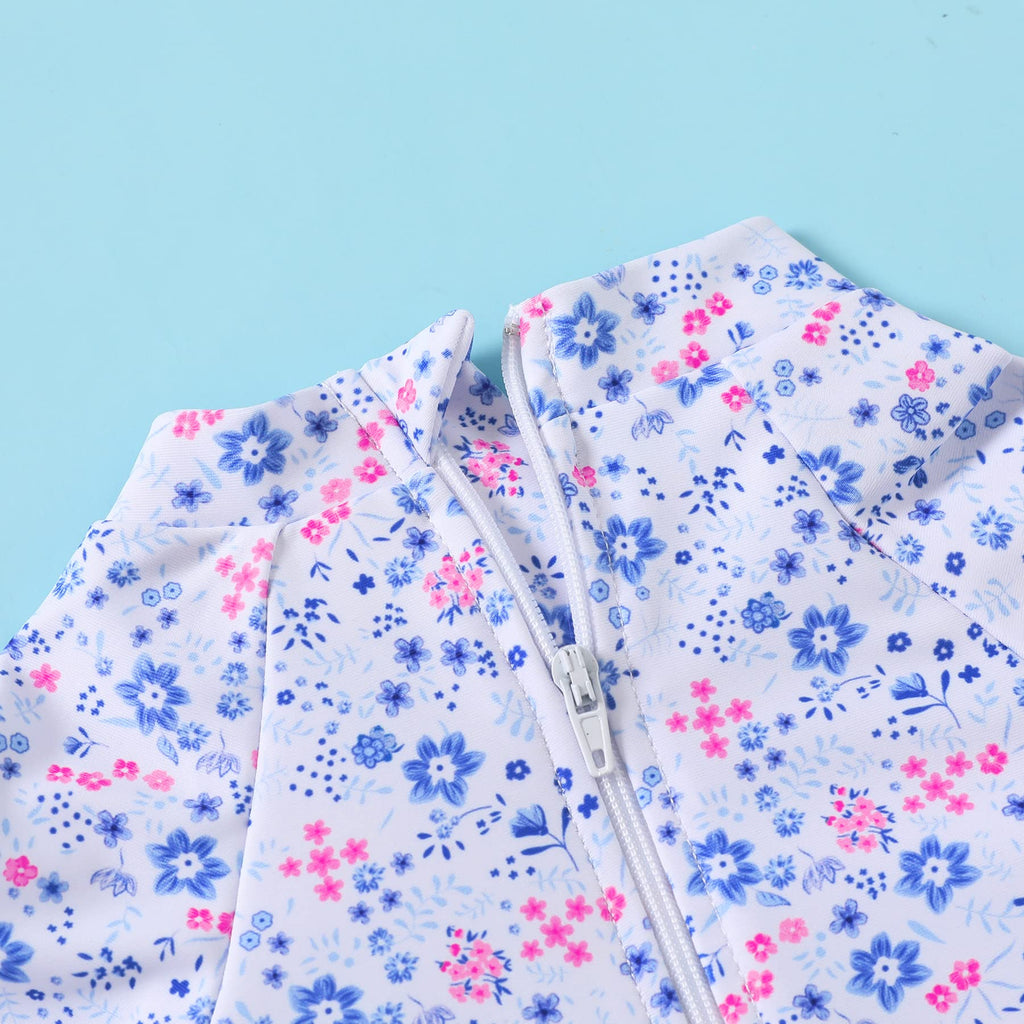 Infant Baby Girl Swimsuit One-Piece Long Sleeve Rash Guard with Hat Set Floral Zipper Bathing Suit Leopard Beach Wear