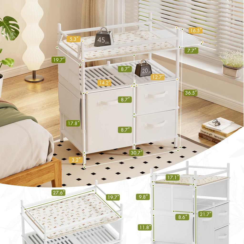 Baby Changing Table, Bamboo Baby Dresser Table with Flat Top, Diaper Changing Station with 3 Removable Storage