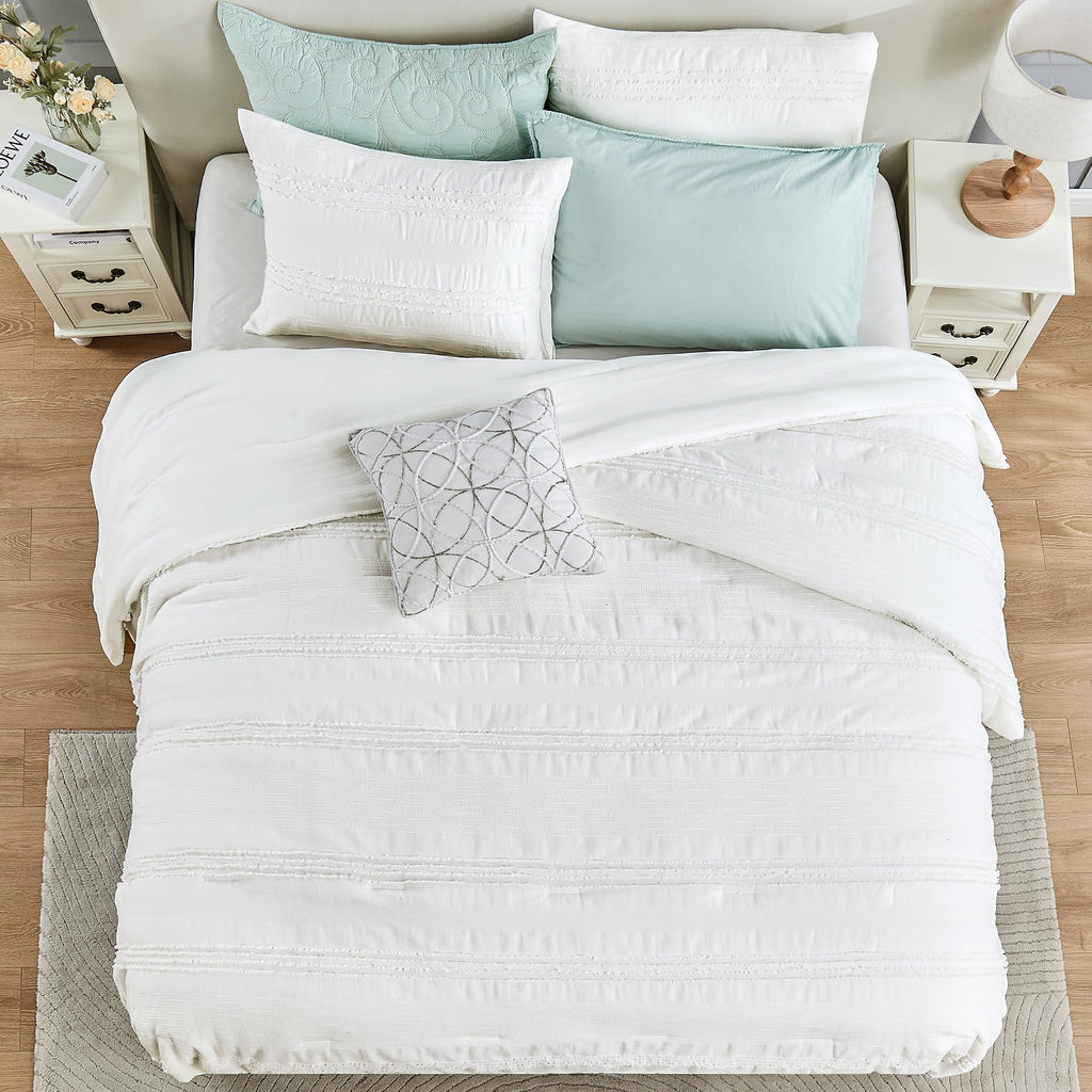 White Comforter Set Queen, Clipped Jacquard Striped Cotton Lightweight Comforter with Pillow Shams, Fluffy Bedding