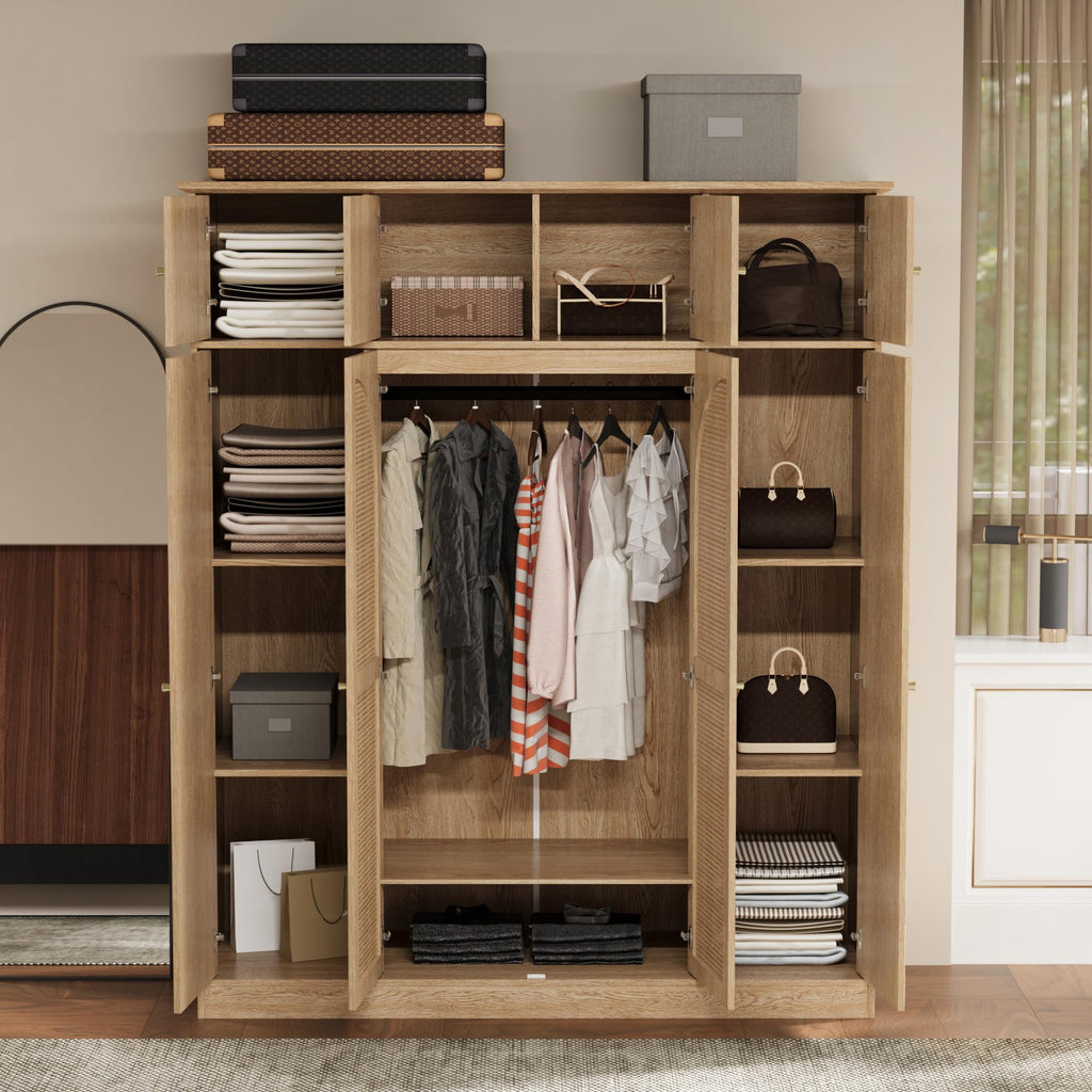 4 Doors Large Armoire Wardrobe Closet with Rattan Doors, 70.87" Tall Freestanding Wooden Closet Wardrobe Cabinet with