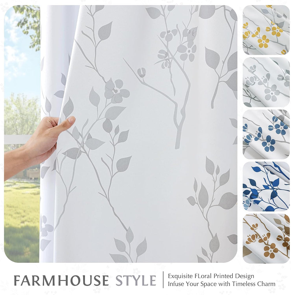 Floral 100% Blackout Curtains 84 Inches Long 2 Panels for Bedroom Living Room Grey White Flower Patterned Room