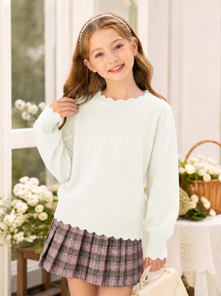 Girls Crewneck Sweater Long Sleeve Scallop Trim Fall Sweaters