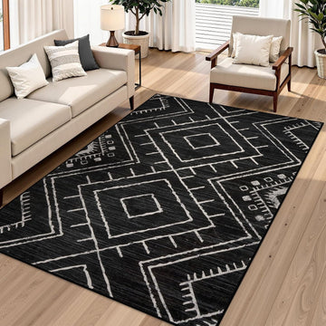 Western 5x7 Area Rug, Black Washable Rugs Bedroom, Non Slip Moroccan Tribal Rug Low Pile Modern Geometric Boho Area