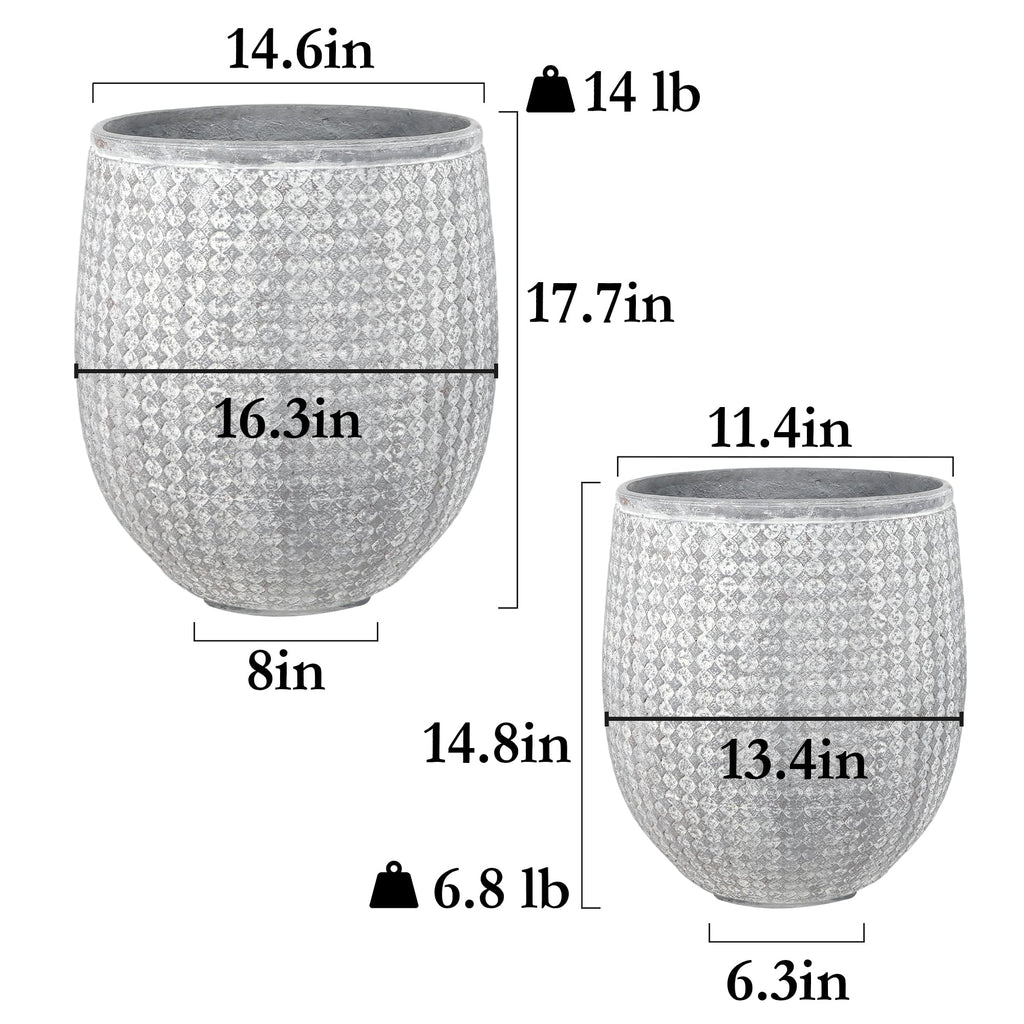 12" and 14.5" Round Planters, Lightweight Magnesium Oxide Cement Plant Pot, Raised Pattern Concrete Look with