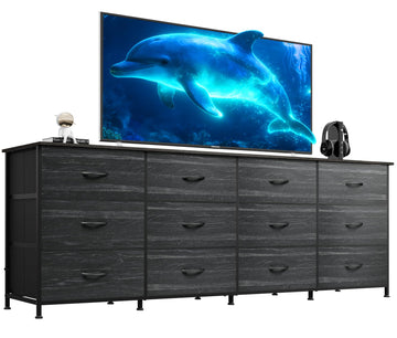 Dresser TV Stand for 85 Inch TV, 12 Drawer Dresser, Black Wood Grain