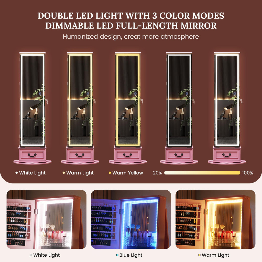 LED Mirror Jewelry Cabinet Standing, 360°Swivel Jewelry Armoire with Full Length Mirror, Mirror with Jewelry Storage