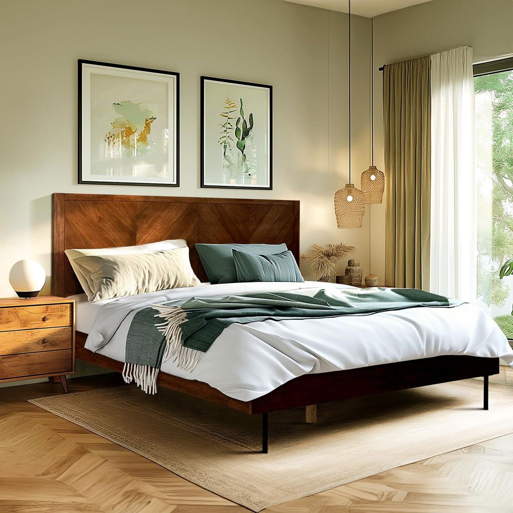 Acacia Alander Bed Frame with Headboard Bed Frame Queen Size Solid Wood Platform Bed, Scandinavian Signature High