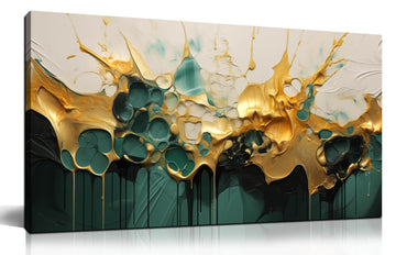 Abstract Teal Gold Canvas Wall Art, Dark Green Wall-Decor Picture, Modern Canvas Print Paintings Artwork, Size