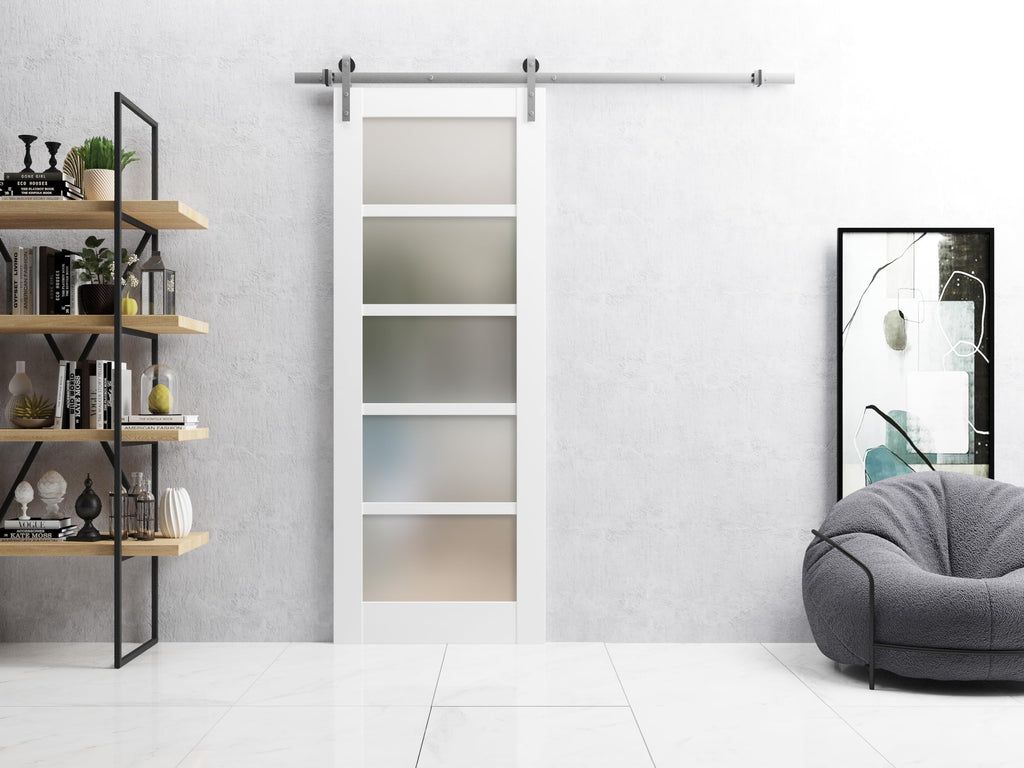 Sliding Barn Door 28 x 96 inches | Quadro 4002 White | Single Barn Door | Frosted Glass MDF Modern Hardware Included