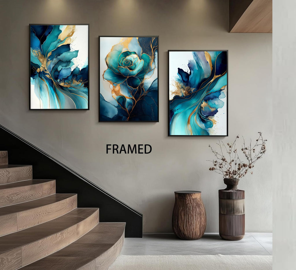 Framed Green gold canvas wall art Modern Blue Green and Gold Abstract Marble Fluid Posters Print Artwork Living Room
