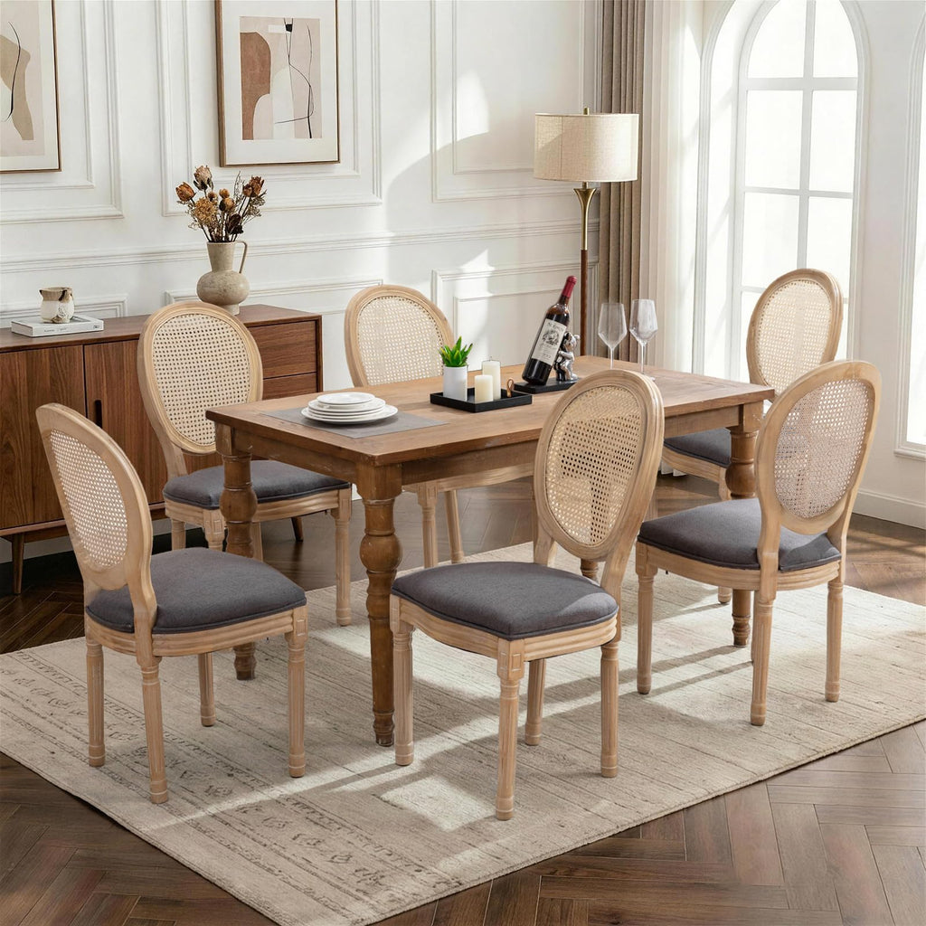 French Dining Chairs Set of 6, Vantage Dining Chair with Round Back, Wood Leg Farmhouse Country Rattan Dining Chair