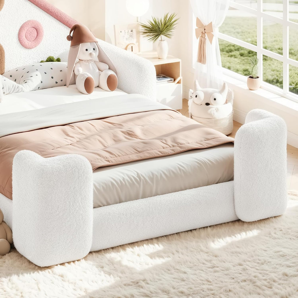Upholstered Floor Bed Frame with Side Pocket & Stairs, White Pink