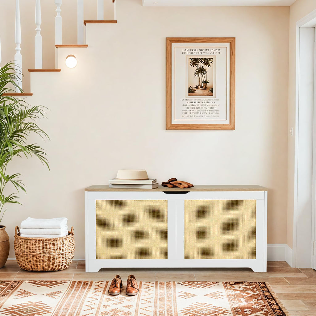 39.4" Storage Chest with 2 Safety Hinges, Rattan Storage Bench, Shoe Bench, Supports 300 lb