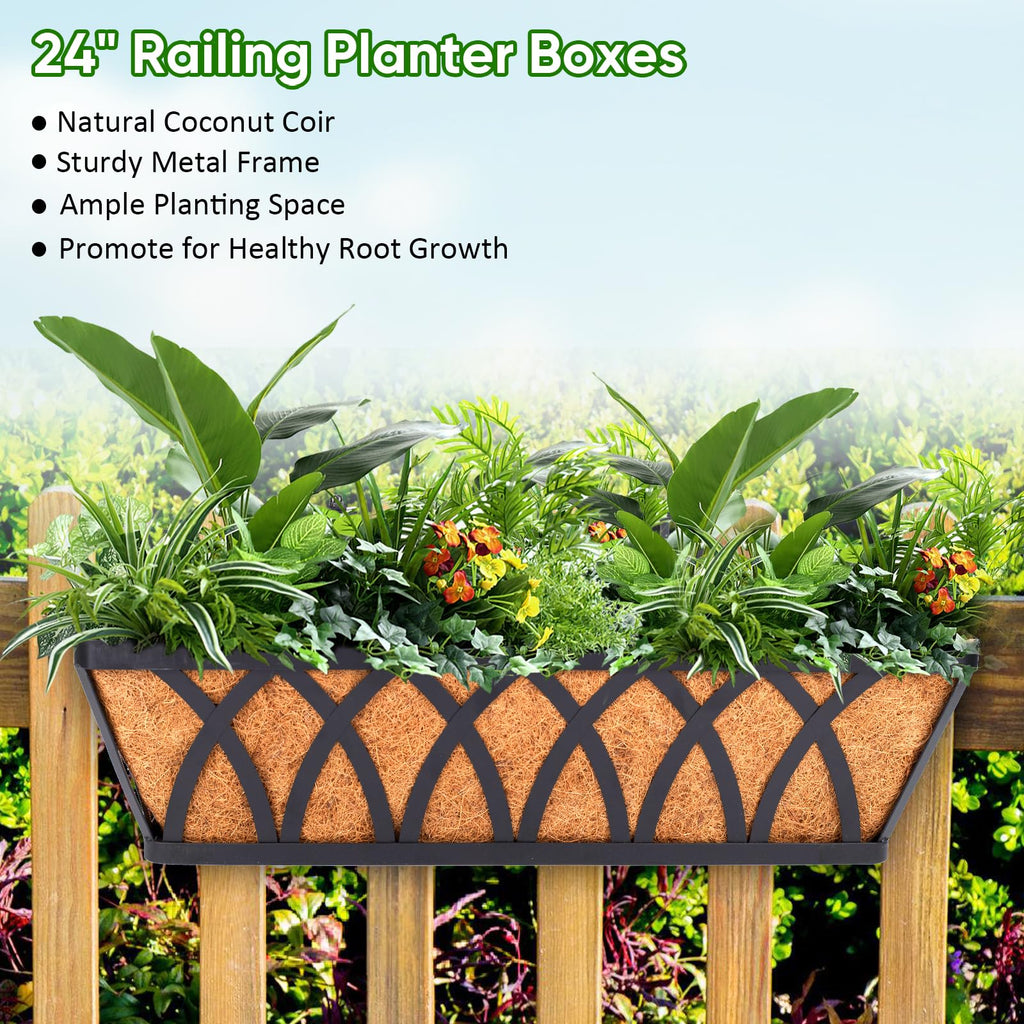 Deck Railing Planter Window Box - 2 Pack 24 Inch Deck Balcony Rail Planter with Coconut Coir Liner, Fence Metal