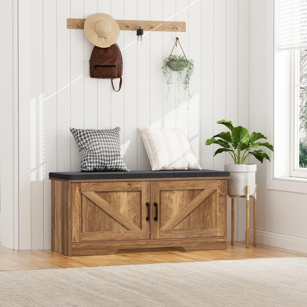 Farmhouse Shoe Storage Bench with 2 Barn Doors & Padded Seat Cushion