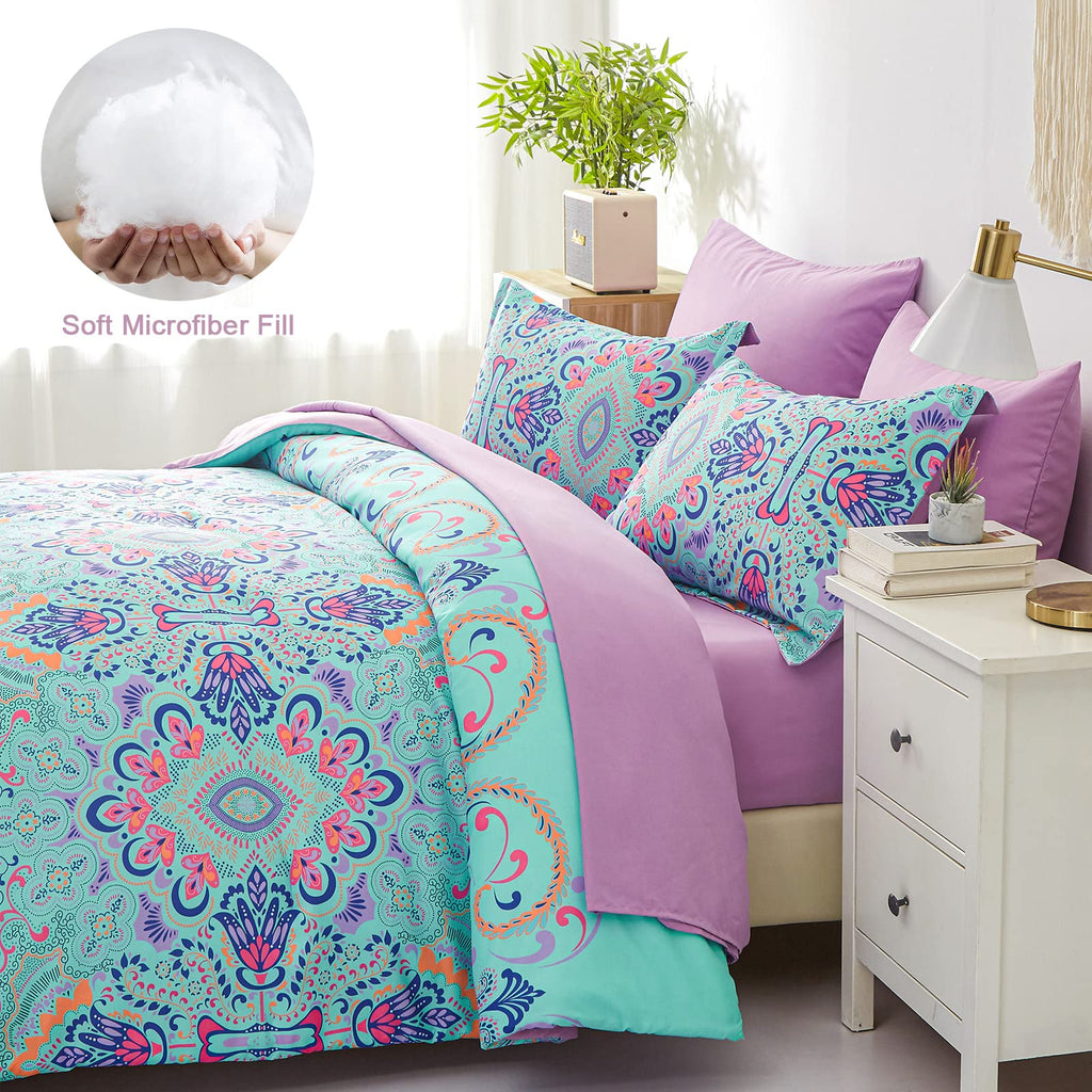 Queen Comforter Set, 7 Piece Bed in a Bag, Boho Aqua and Lilac Damask Medallion Print Comforter with Sheets, Soft