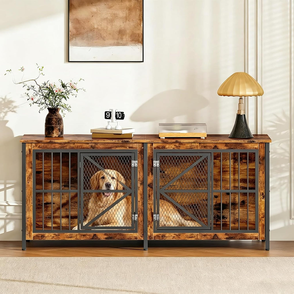71" Double Dog Crate Furniture for 2 Dogs with Removable Divider