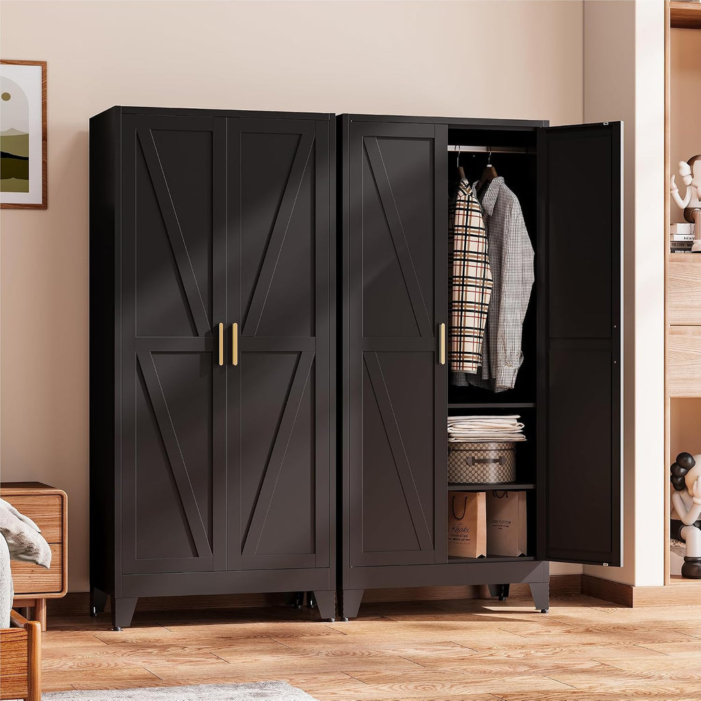 Black Metal Wardrobe Closet 2-in-1 Design, 71" Freestanding Armoire with Adjustable Hanging Rod & Shelves