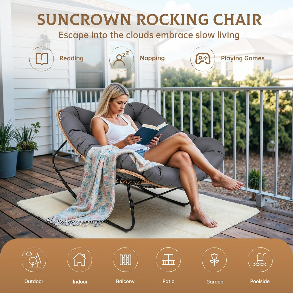 Oversized Wicker Rocking Chair Indoor Outdoor, 450 LBS Heavy Duty Patio Papasan Egg Chair with Cushion, E-Coated
