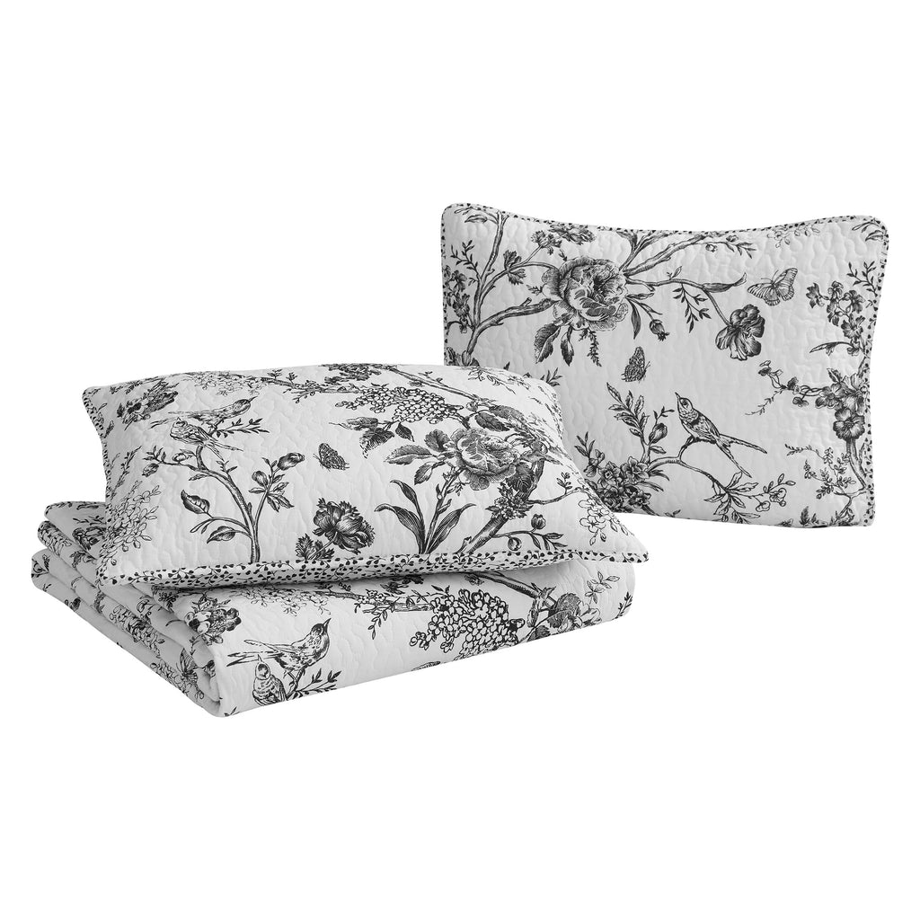 Resort Chantilly Toile Floral Black 3-Piece All-Season Reversible Cotton Quilt Set