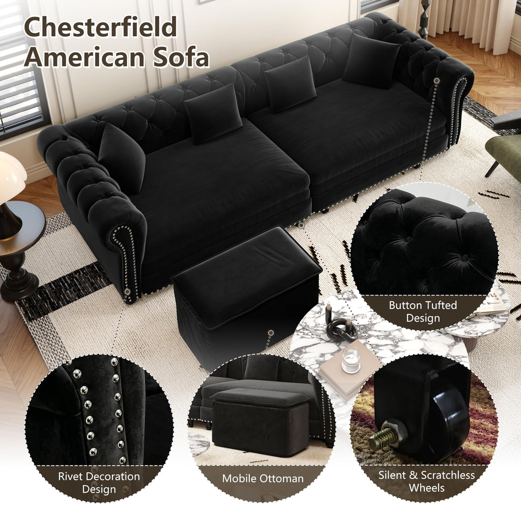 89" Velvet Pull-Out Chesterfield King Sleeper Sofa Bed with Ottoman, Black