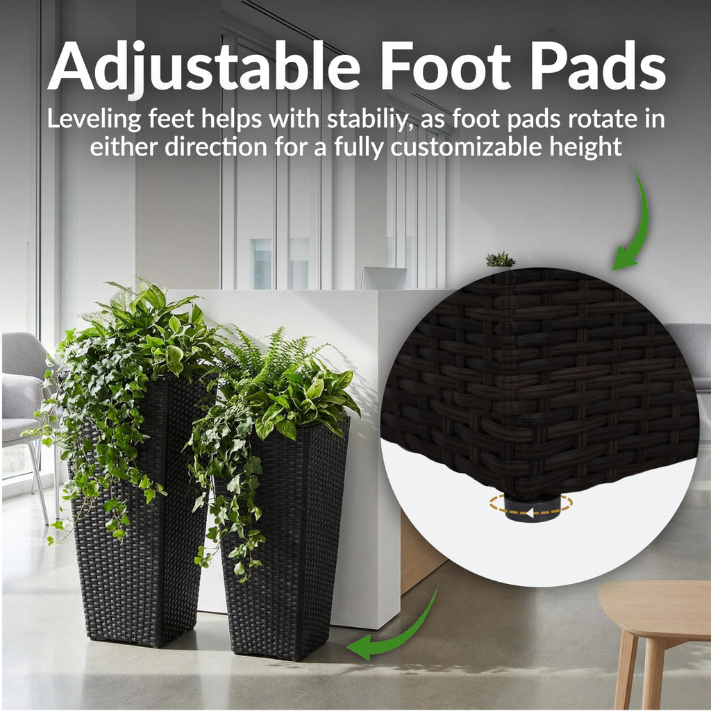 24" Square Tall Wicker Outdoor Planter, Black, 2pk