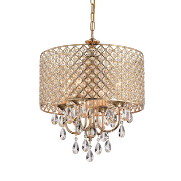 Marya 4-Light Round Crystal Chandelier Ceiling Fixture | Beaded Drum Shade (Gold)