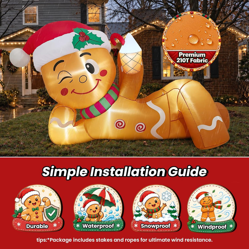 10FT Christmas Inflatable Funny Lying Gingerbread Man for Roof & Yard Decor