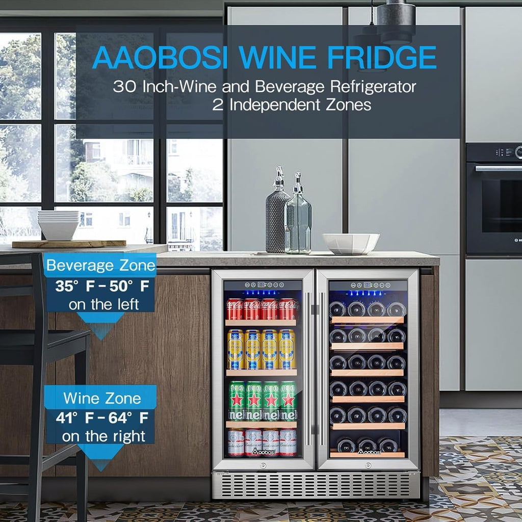 30 Inch Dual Zone Wine and Beverage Cooler,28 Bottles & 110 Cans Wine Fridge,Bui
